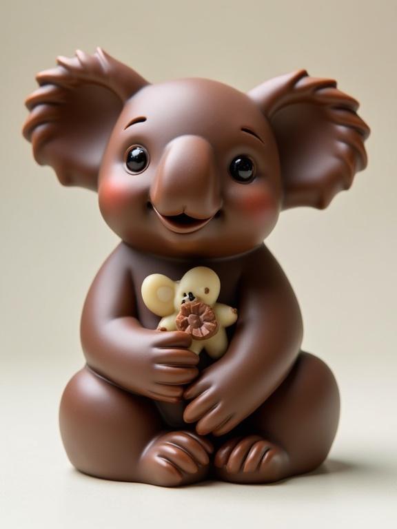 Beautiful koala figure made of dark chocolate, white chocolate and milk chocolate in a professional studio setting. Staging highlights the texture and detail of the chocolate