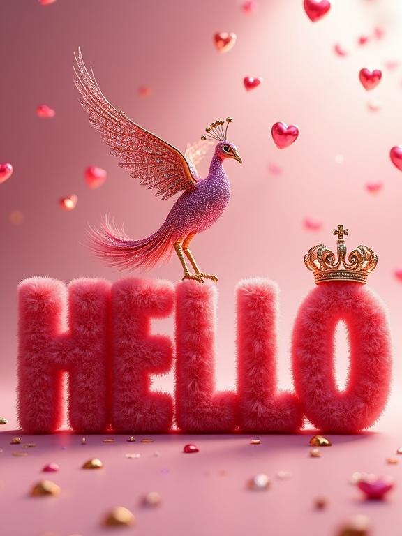 A luxurious 3D art piece featuring the word 'HELLO' in hot red fluffy typography. The letter adorned with a gold and pink crown. A metallic peacock flutters above the text scattering hearts. Background has a pink gradient with a bokeh effect. Soft dreamy lighting enhances the opulent feel.