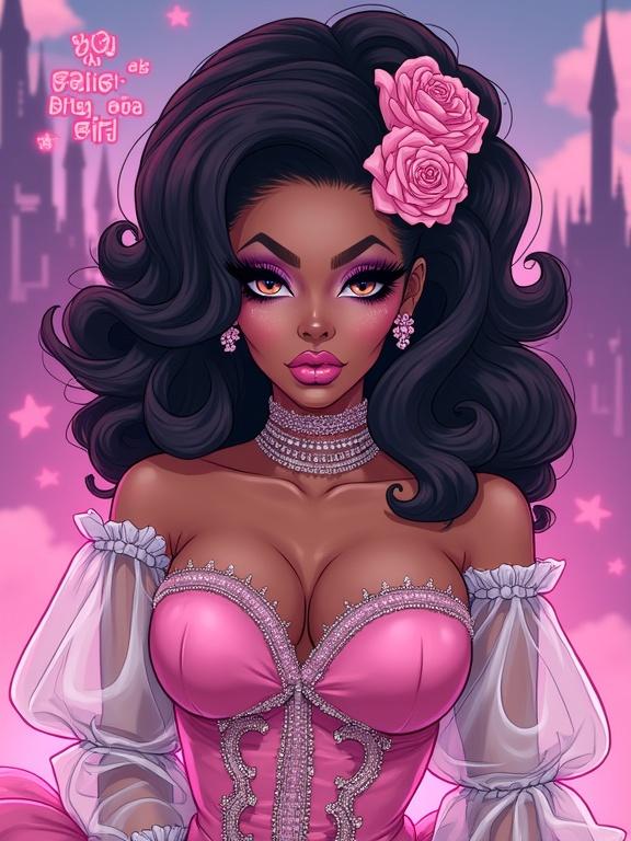Anime styled digital illustration. Glamorous drag queen with tan skin. Dramatic makeup and voluminous dark hair. Extravagant pink floral accessories. Over-the-top pink sweetheart neckline top with rhinestones. Sheer white long-sleeve overlay. Dreamy pink and purple fantasy background. Blurred castle silhouettes. Long false eyelashes, bold contouring, glittery eyeshadow, overdrawn lips. Includes text 'YOU FAILED AS A BOY' and 'Become A Girl'. Small pixel art trans pride heart in upper left corner. Medium close-up frame with centered composition.