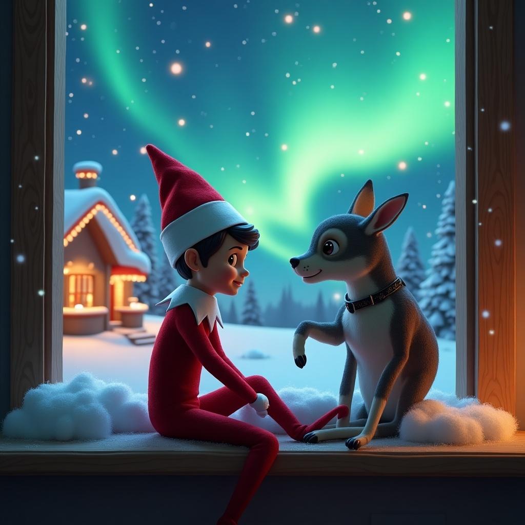 An elf and a dog sit by a snowy window. Colorful northern lights illuminate the sky. A cozy house is in the distance. The elf represents the magic of Christmas. Text in the air displays ‘Roz & Elfina Christmas 2024'