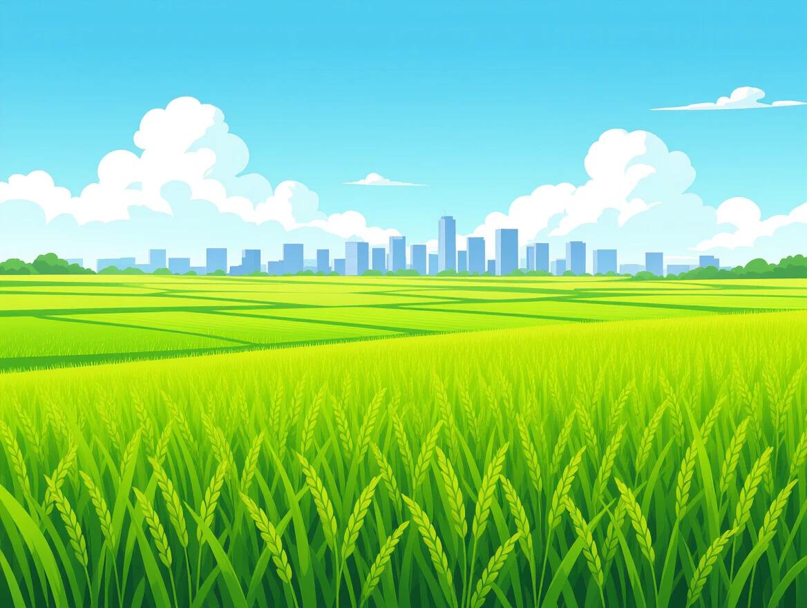 Wide-angle 2D illustration of green rice fields stretching to horizon with city skyline in background. Bright blue sky with clouds for depth. Flat cartoon style, vibrant daylight.