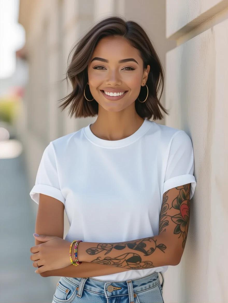 A stylish young African woman stands casually in a plain white T-shirt. One arm showcases a colorful full tattoo sleeve. Background features a soft urban setting with daylight. The woman has natural makeup and a simple clean look.