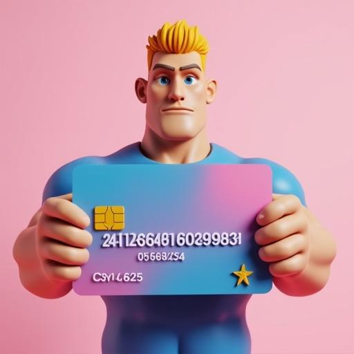 3D strong blond man with short haircut holding a blue and pink credit card. Card displays number 500.000, number 2412668816029303, expiration 05/35, CVV 888. Lower right corner has a small star.