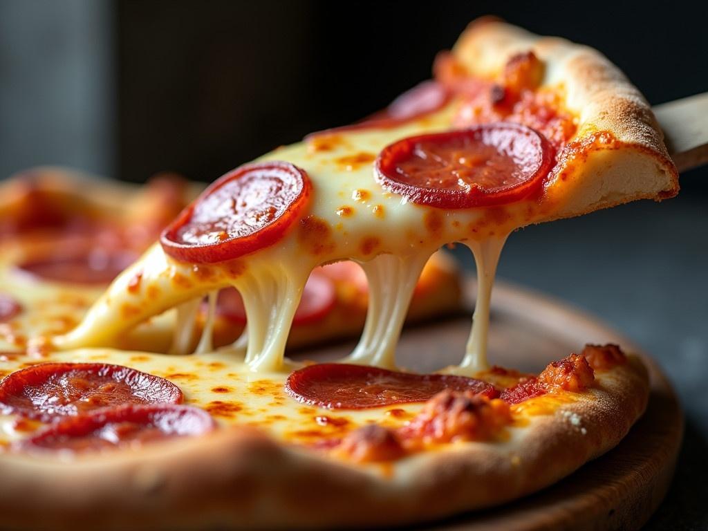 A stock photo of a slice of pizza that showcases gooey, melting cheese. The pizza has a crisp crust and a delicious topping of tomato sauce. The cheese stretches as a piece is pulled away from the pizza. The background is slightly blurred, focusing on the pizza slice. The colors are vibrant, highlighting the richness of the cheese and toppings.