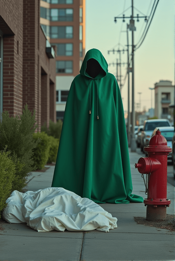 A person in a green cloak stands next to a fallen white sheet on a city sidewalk.