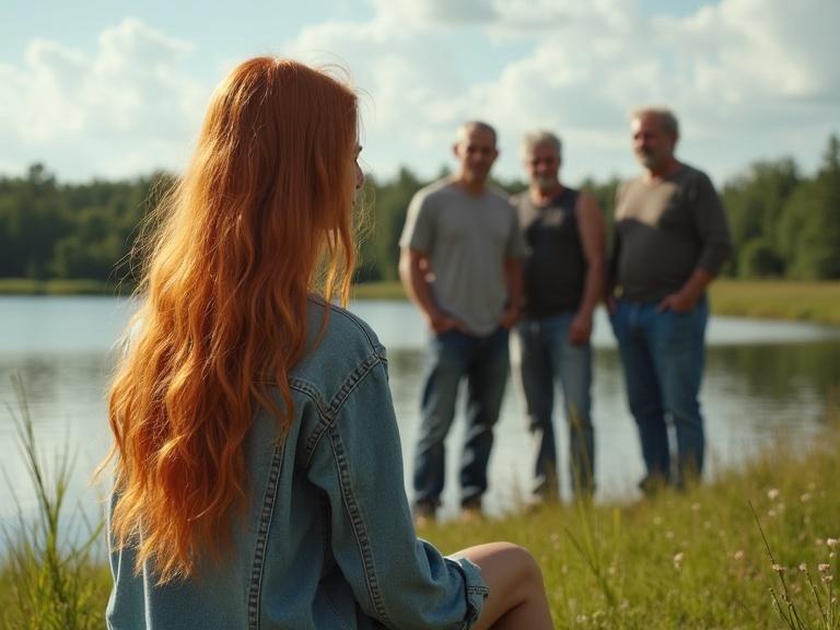 A young woman with long ginger hair sits on grass by a lake in the Russian countryside. Three older men stand in the background near the water. The scene captures a summer day with vibrant nature.