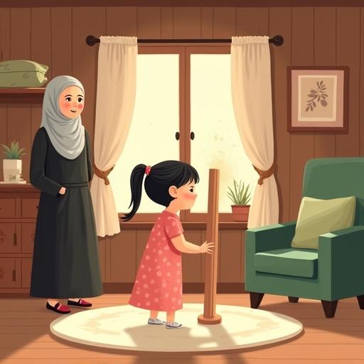 A warm flat-style children's illustration depicting a girl standing inside a wooden house. The girl is holding a wooden pillar tightly. The room indicates tension with items falling and dust rising. A window allows sunlight that creates an unstable atmosphere. A grandmother's presence is symbolized softly in the background. The scene is cheerful yet slightly tense. No discernible facial features are present.