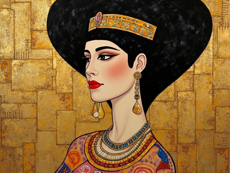Klimt Esquisite Art titled Labbra Cleopatra. The artwork displays a stylized female figure with a prominent headdress and elaborate jewelry. The background consists of a textured golden pattern. The colors are vivid and rich, portraying beauty and elegance.