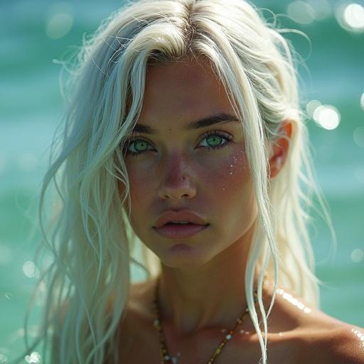 Closeup portrait of a woman with white hair and green eyes. Setting in the Pacific Ocean with partial submersion. Style inspired by Moana with fine details and backlighting.
