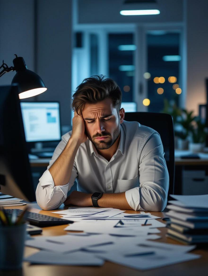 Tired office worker at desk late at night with cluttered workspace and exhausted expression. Dim office lighting with a glowing computer. Papers are scattered around. Photorealistic style and natural colors.