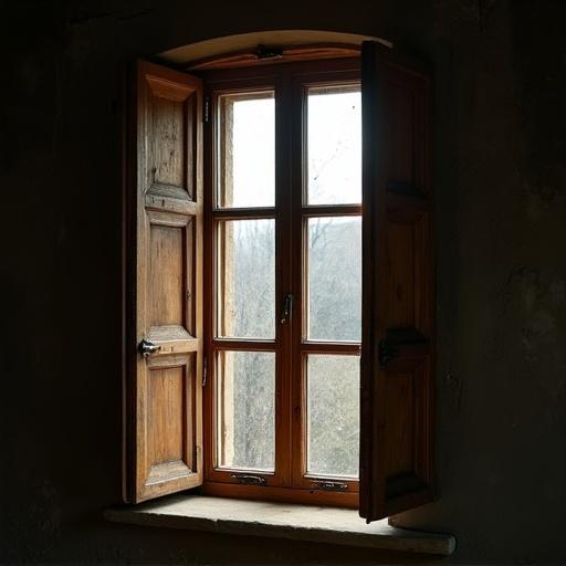 17th-century Dutch window in 1665 style with a tall narrow wooden frame and small glass panes. Simple elegant mullions and muntins are present. One or two hinged wooden shutters open outward. Aged wood shows texture. Soft light filters through glass casting shadows. Set against a dark background. Positioned on left side of the composition, historical authenticity is evoked.