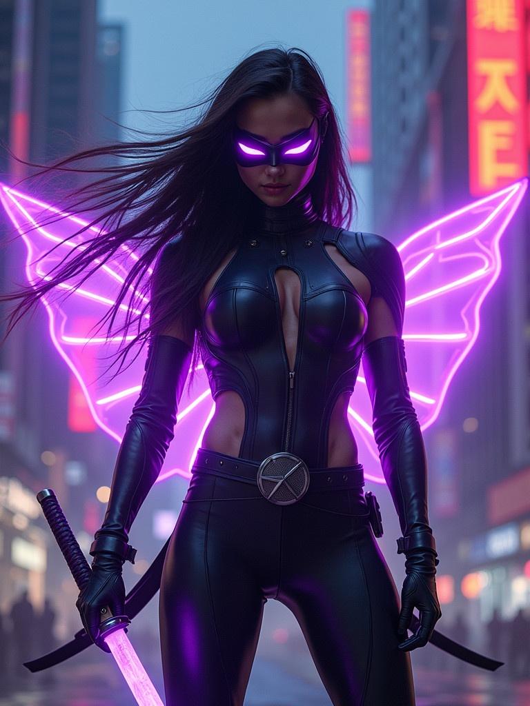 A striking superhero stands in a futuristic city. The sleek black suit glows with purple lights. She holds a katana confidently. Transparent energy wings glow in purple and pink. The city features modern buildings with neon lights. Long hair flows dramatically. The scene shows her strength and determination.