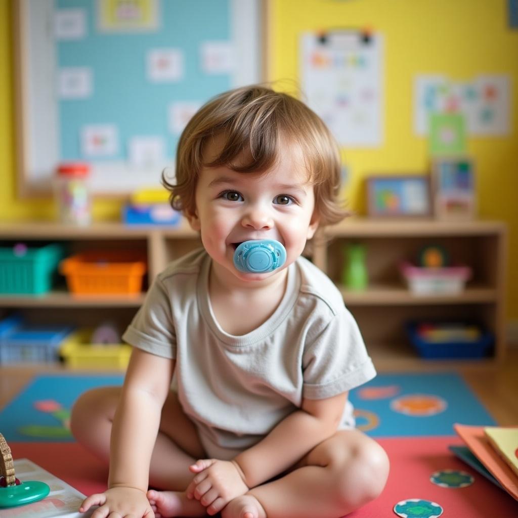 A young boy sits comfortably in a colorful classroom. He has light brown hair and is wearing a t-shirt and diaper. He has a pacifier in his mouth, smiling happily. Classroom features playful decorations and learning materials.