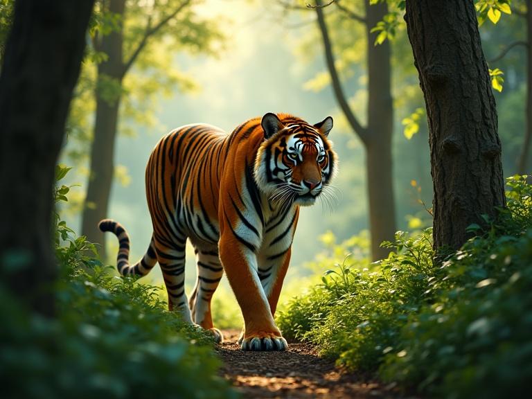A majestic tiger walking through a dense lush forest. The tiger's muscles ripple under its vibrant fur as it moves gracefully through thick underbrush. Sunlight filters through tall trees, casting dappled shadows on the forest floor. Sounds of rustling leaves and distant bird calls create wild serenity.