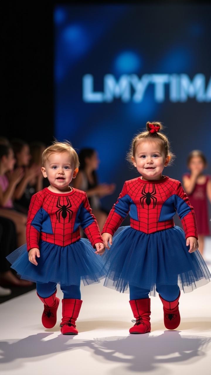 two toddlers wearing Spider-Man themed outfits on a fashion runway