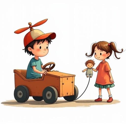 Children's drawing featuring a little boy wearing a baseball cap with a propellor sitting in a selfmade soapbox kart. Next to him, a little girl with pigtails is standing, holding a floppy doll she drags on the ground. The setting has a transparent background.