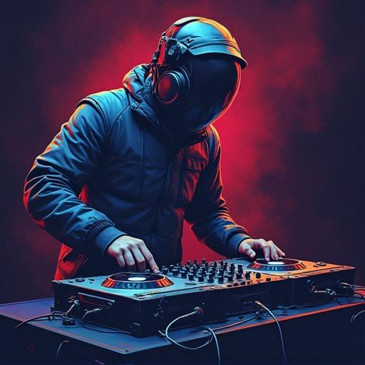 DJ performing with equipment in a dramatic setting wearing headphones