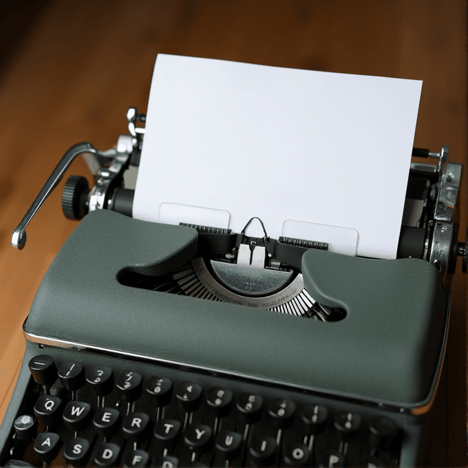 A vintage green typewriter with black keys and a blank sheet of white paper inserted, resting on a warm-toned wooden surface.