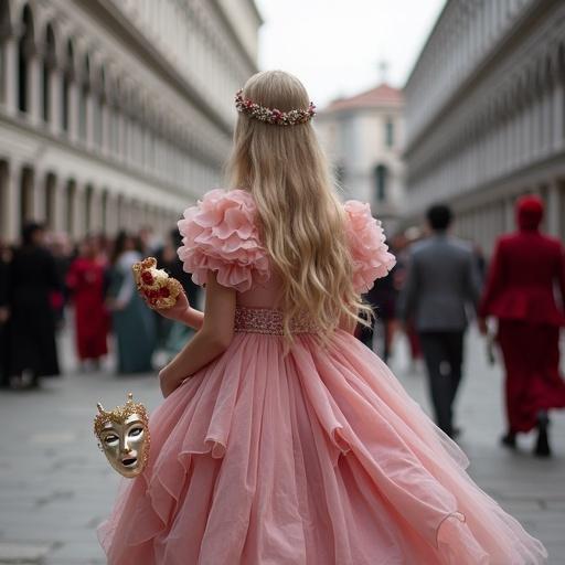 Professional photography of a girl with long platinum blonde hair. She wears a large ruffled pink princess dress. She holds a mask in her hand while walking through Venetian streets. Many people in costumes are present in St. Mark's Square.