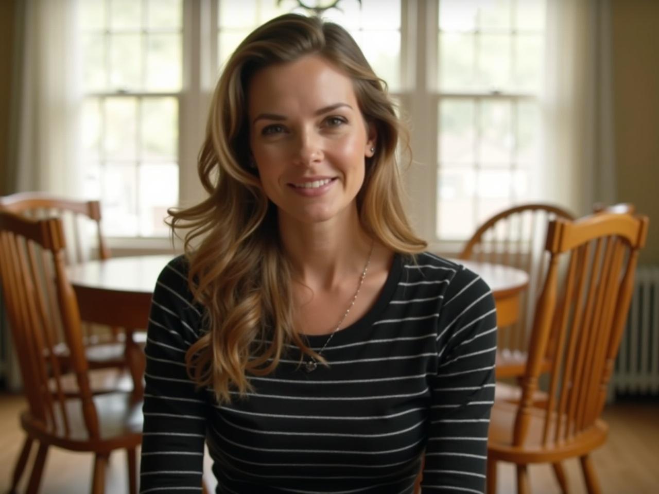 The image shows a woman sitting indoors in a well-lit room. Soft sunlight filters through the windows, creating a warm and inviting atmosphere. The woman is wearing a black striped top, and her hair is long and wavy, cascading over her shoulders. In the background, there are wooden chairs arranged around a table, emphasizing a cozy home environment. The focus is on her posture and the light that enhances the serene mood of the scene.