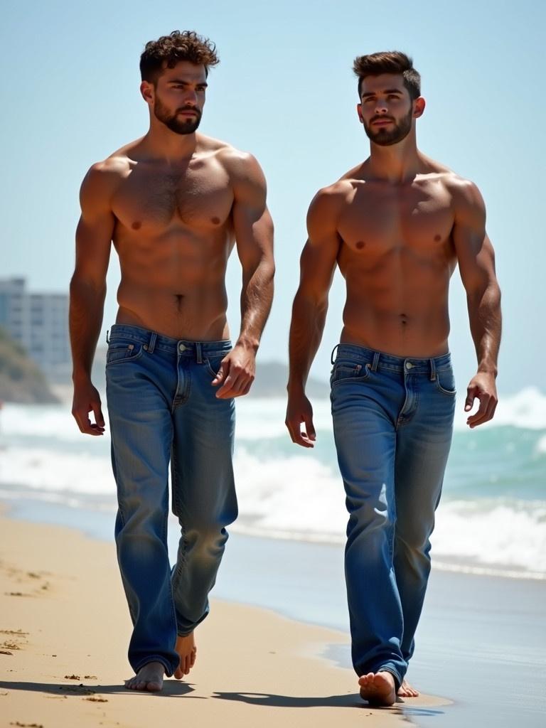 Two muscular teenage boys walk on the beach. They are shirtless and wear low hanging jeans. The beach is sunny and the waves can be seen in the background.