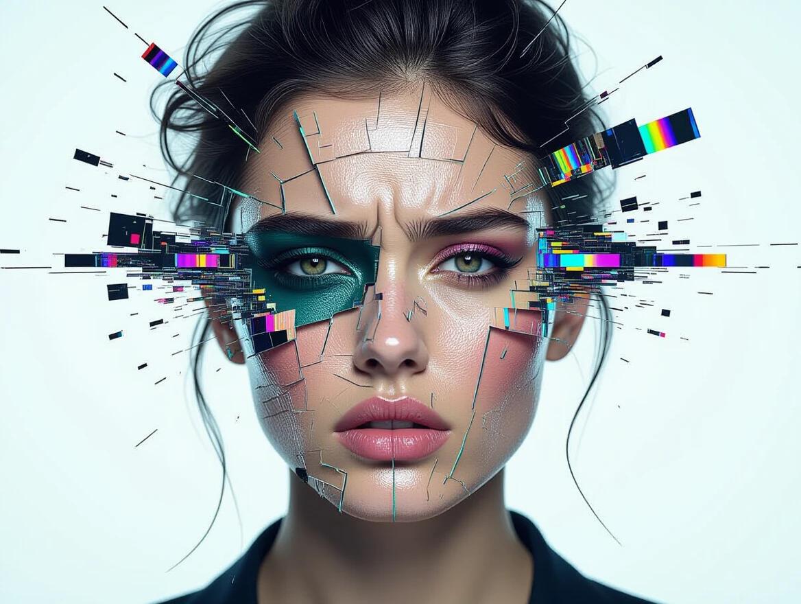 Fractured portrait of a person with digital distortion effects. Face is partially hidden by vibrant glitch patterns. Features a mix of colors like green and pink. Depicts emotion through expression and texture. Use of visual noise and static elements for dramatic effect.