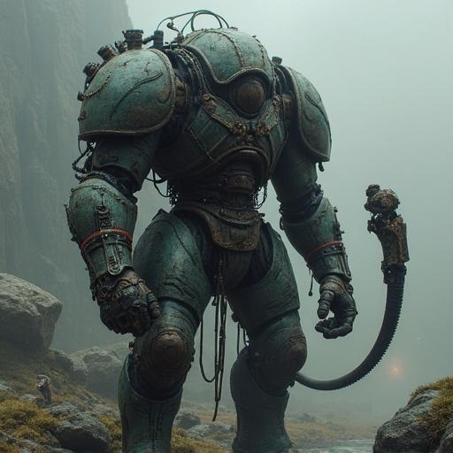 Digital illustration of a large mechanical robot standing in a rocky landscape. The robot has a detailed design with visible machinery and is shown in a low-angle perspective. Soft lighting creates a mystical atmosphere around the character.