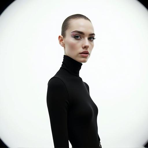 Photograph a tall slender fashion model with sharp-edged makeup styling. The model stands against a solid white background. The attire features black or white clothing. The fish-eye lens creates circular distortion around the edges. The dramatic makeup has bold angular lines. Use stark studio lighting against a pure white backdrop.