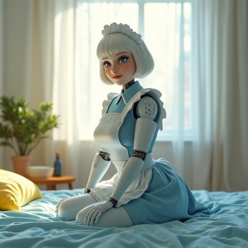 Android robot maid with pale skin kneeling on bed. She wears a maid outfit and leans forward. Hands on bed sheet. Short bob hairstyle. Smiling expression. Bright sunlight through window. Blue bed sheet with yellow pillow. Room with plants and accessories.