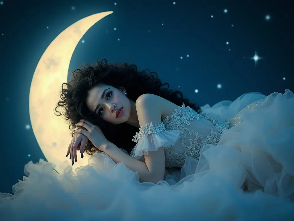 A woman in a flowing dress lying in a dreamlike setting with stars and a crescent moon, evoking a fairytale or fantasy atmosphere.