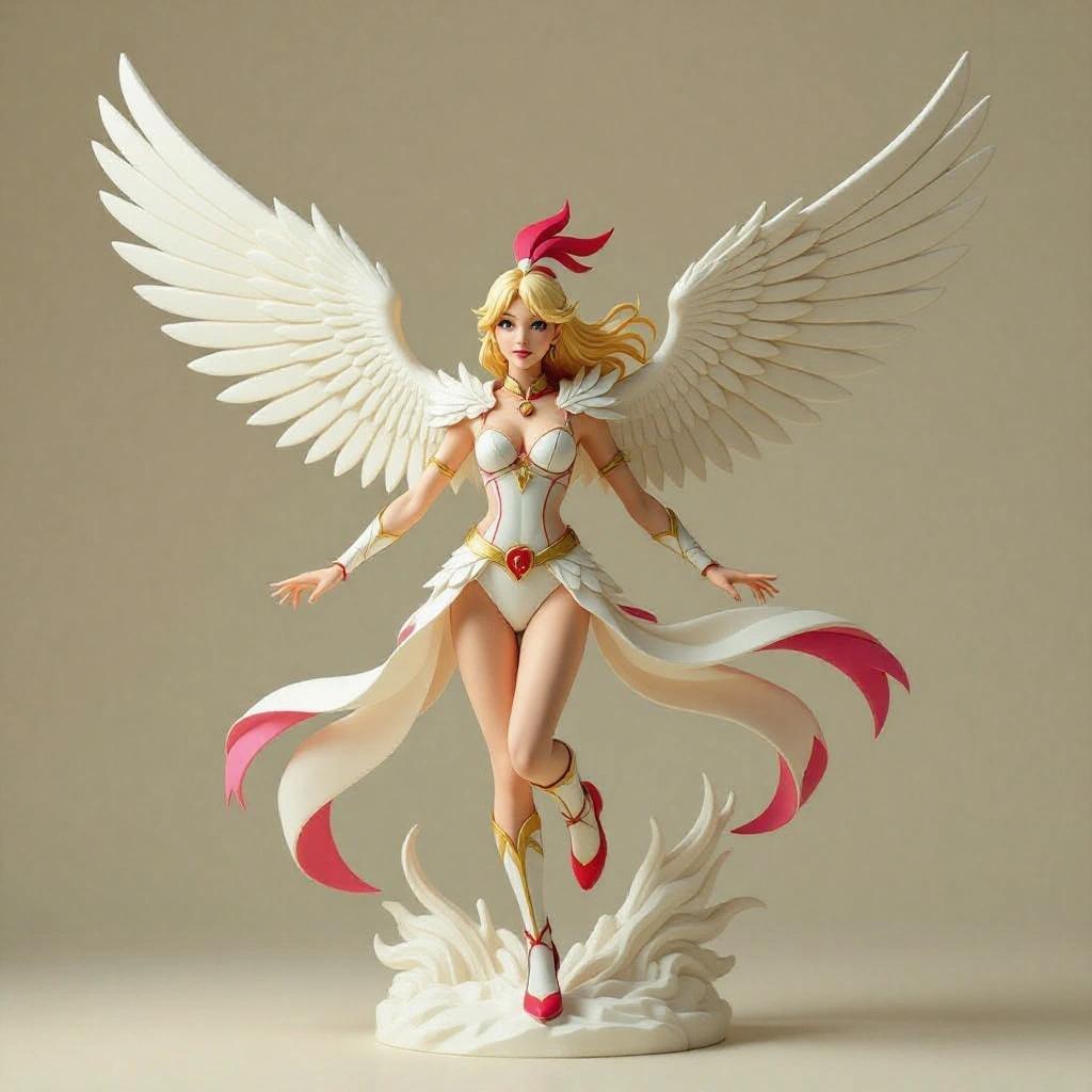 Pidgeot-inspired female figure as a 3D sculpture. Adult woman with slender, athletic body in dynamic pose. Large cream-colored wings with pink tips. Long, loose hair with red stripe. Elegant white costume with red and gold details. Decorative feathers. Solid base with swirling clouds. Serene and confident expression.