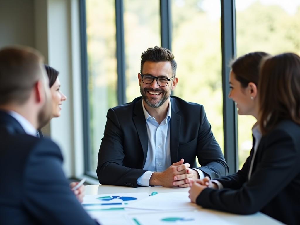 A confident businessman is seated at a meeting table, engaging in conversation with colleagues. The room is well-lit, with large windows allowing sunlight to filter in. Everyone in the meeting is dressed in formal attire, contributing to the professional atmosphere. The businessman is smiling, displaying an approachable demeanor that encourages collaboration. Charts and documents are visible on the table, suggesting that the meeting is focused on strategic planning.