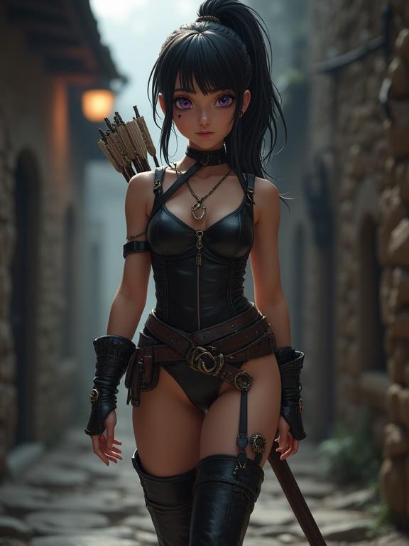 Photorealistic image of a fantasy character in a leather outfit standing in an alleyway. Character has pale skin, vibrant purple eyes, and a crescent moon tattoo. She carries a bow with a quiver and a rapier. Athletic build with a ponytail hairstyle. The scene is set in a dark village.