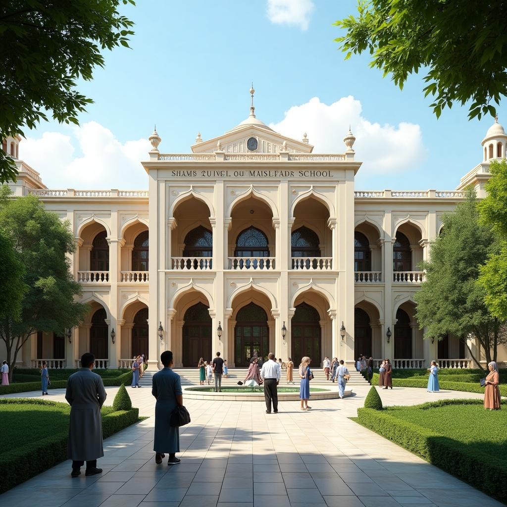 University of Shamsul Ulum School. A grand building with elaborate architecture. Trees and flowers surround the courtyard. People walking and engaging in activities. Bright and sunny day.