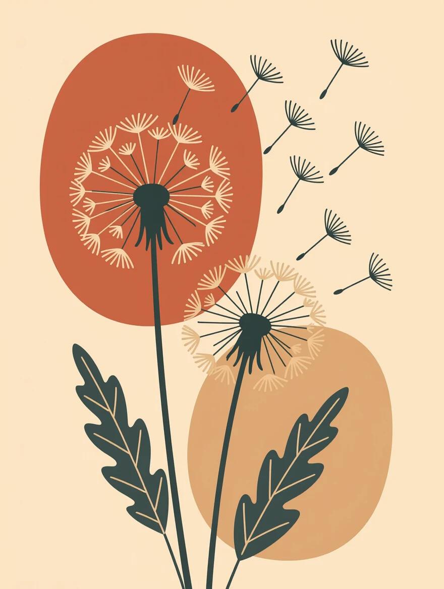 An abstract wall art illustration featuring one or two dandelions with seeds floating. Shapes are solid with no outlines. Colors are muted terracotta, dusty sage, warm beige, and soft clay pink on a light grey background. Design feels minimalist and airy.