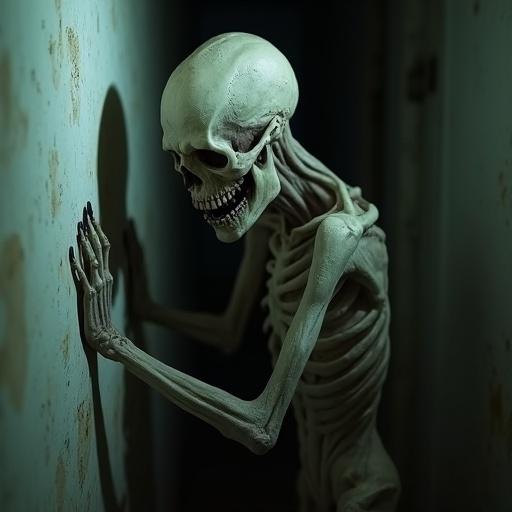 Ultra-realistic depiction of an unnervingly tall humanoid figure called 'The Pale Watcher'. Figure appears in a dark corridor with peeling wallpaper. Skin is translucent and sickly. Veins are visible and face is unsettling. Large, doll-like eyes lack reflection. No nose is present; just slit-like nostrils. The mouth is a lipless gash with thin teeth. One hand touches the wall, nails are sharp. Lighting is harsh, casting deep shadows. The atmosphere feels decaying and claustrophobic. Dark dust motes float in the air. Focus on extreme detail and oppressive mood.