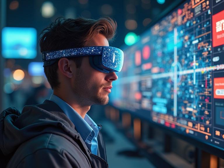 A man wearing AR glasses experiences 360 immersive projection of daily goals using memory techniques. The scene is modern with neon elements and high-tech displays.