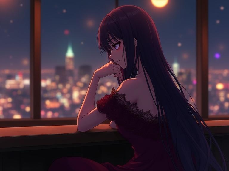 Anime style illustration featuring a lady with long dark purple hair in an elegant dark red off-shoulder dress seated at a bar counter. She is thoughtfully touching her chin. The background shows a blurred city skyline at night with glowing lights. The scene feels sophisticated and melancholic with realistic lighting.