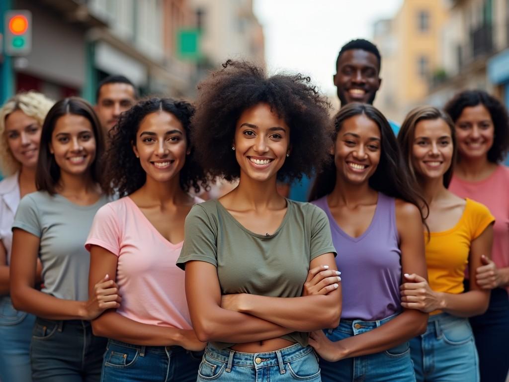 A bold image featuring a group of individuals standing shoulder to shoulder in a supportive manner. The women are in the forefront, exuding confidence with their arms crossed and smiles on their faces. Behind them, men and women stand together, representing unity and solidarity. The scene captures a vibrant street atmosphere, characterized by a sense of community and empowerment. This image symbolizes strength in diversity and the importance of support among one another.