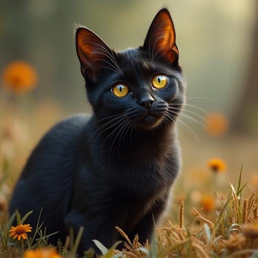Image of a beautiful black cat with striking yellow eyes in a field of flowers. Cat is gazing curiously. Soft natural lighting enhances the scene.