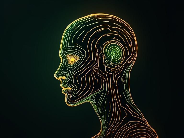 A vector style illustration of a robot head. The colors are neon green and neon orange. The drawing features a 3D illusion effect with long line patterns and ornamental design elements.