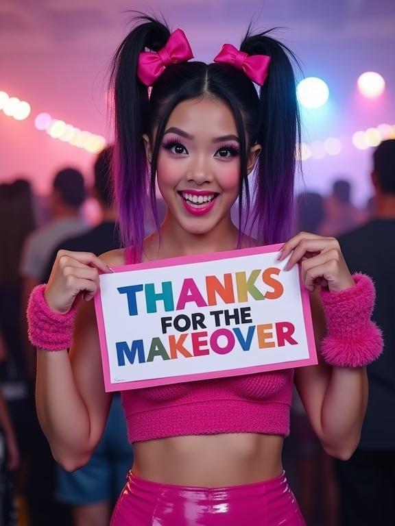 A vibrant, energetic 20yo crossdresser with an excited expression strikes a pose. Dark hair styled in high pigtails, large pink bows, dyed purple at the ends. Bold pink and purple makeup with a pink knitted crop top. Shiny, tight pink mini-skirt and pink fuzzy bracelet. Holding a sign that says 'THANKS FOR THE MAKEOVER'. Blurred crowd in background at a fan event or concert. Style is playful and colorful.