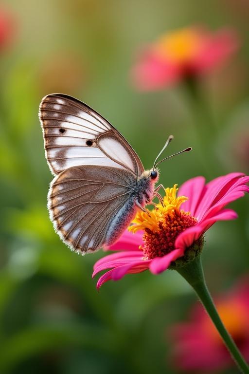 Close-up of a butterfly in a sunlit garden. Butterfly has magenta and white colors. Butterfly is perched on a flower.