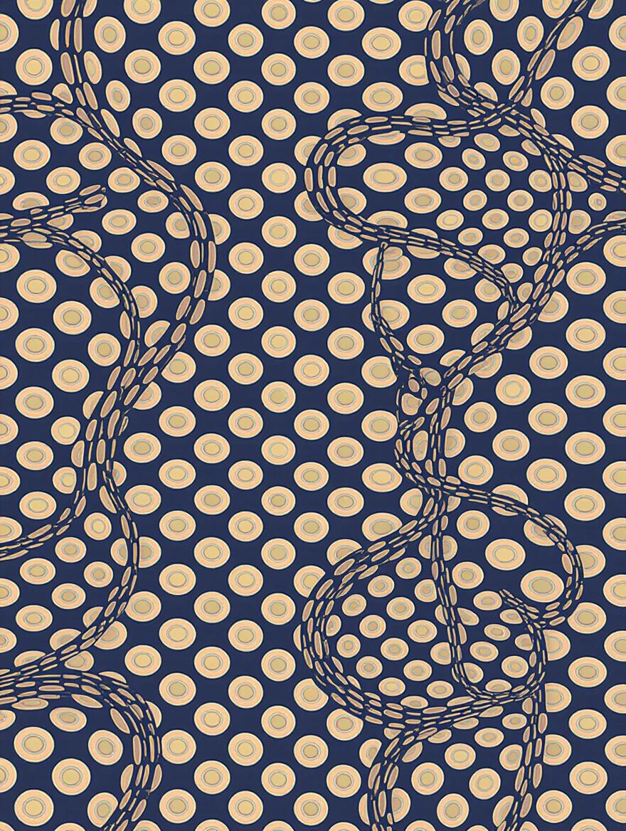 Stylized pattern featuring navy blue background decorated with light beige polka dots connected by flowing lines. The design emphasizes simplicity and elegance in its arrangement of shapes.