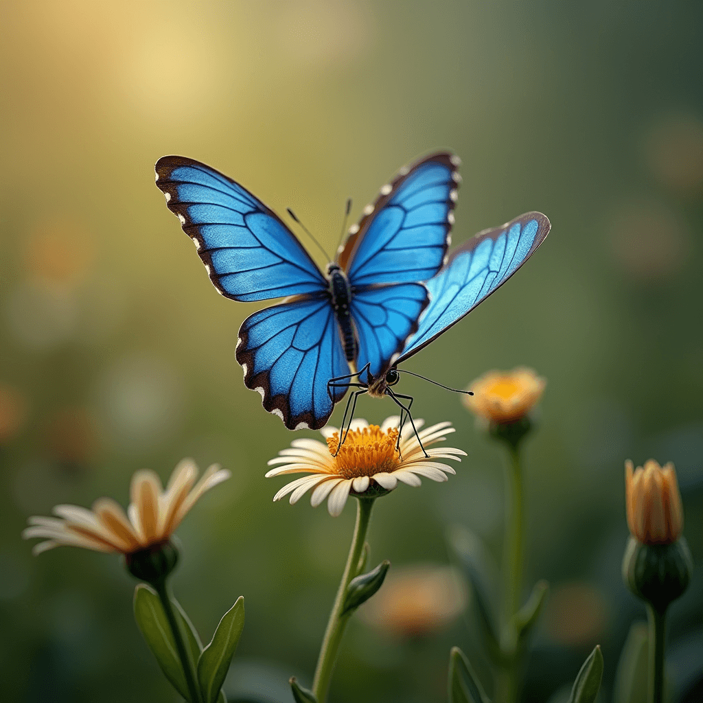 A vibrant blue butterfly delicately perches on a yellow and white flower in a serene natural setting.