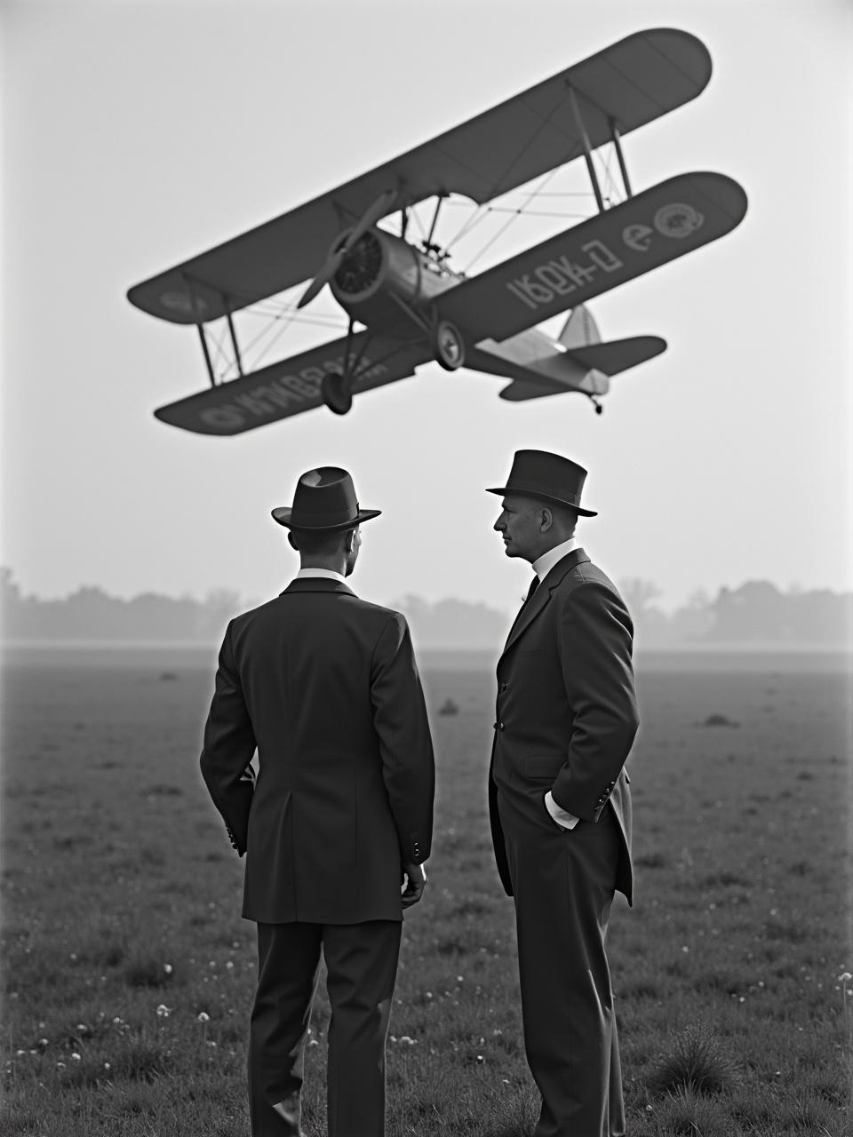 A monochrome image captures two elegantly dressed men in suits and hats standing in an open field, looking at a biplane flying overhead. The scene has a nostalgic feel, reminiscent of aviation history and the early 20th century. The subdued lighting and wide perspective create an atmosphere of calm reflection and admiration for aviation advances.