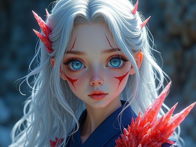 Bright surrealism art close portrait of a young female with vivid blue eyes long wavy silver hair and red stripes pale skin with patches of red crystals extending outward from its like blades wearing a navy granite kimono standing in a shining cave bold colors gradients