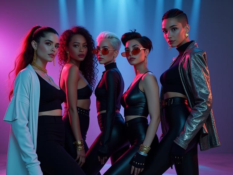 Cinematic image of female music group posing cohesively. Five women showing diverse fashion styles. Close up capturing individual expressions and outfits. Dramatic colorful lights creating a striking visual. Black shiny floor reflecting the figures. White blue background lights accentuate the boldness of the group.