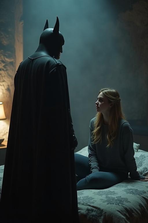 Dark blonde woman kidnapped in Batman's cave. Woman sits on bed in casual clothes. Batman stands opposite her. They share a moment of connection. Romantic tension builds. Desire to kiss is evident.
