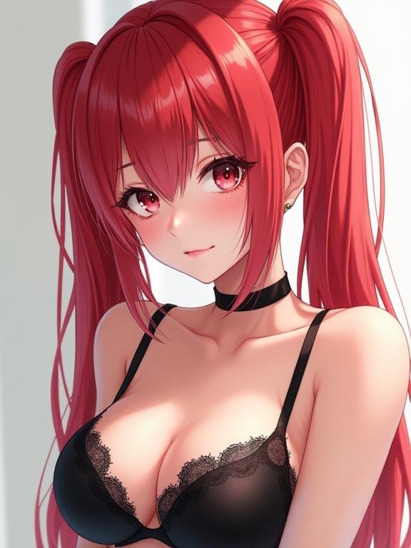 A beautiful woman with bright red hair in pigtails looks directly at the viewer. She wears a black lace bra in a sterile white studio with soft lighting.